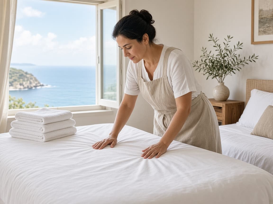 Housekeeper preparing fresh linens in a sea-view bedroom