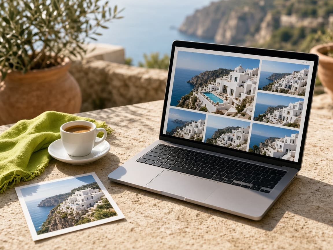 Laptop showing photos of a villa listing on a terrace