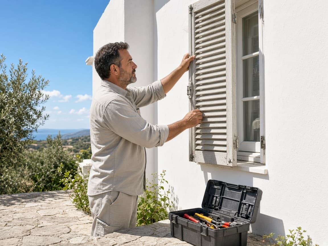 Technician repairing a shutter on a white villa