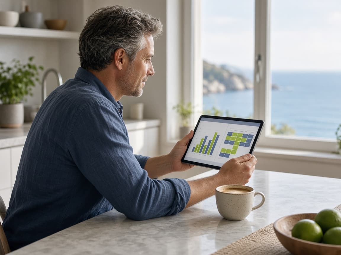 Owner reviewing booking and income charts on a tablet